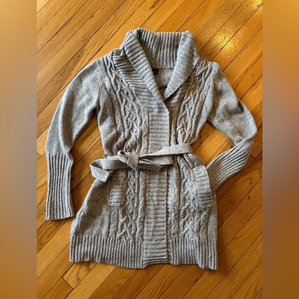 It's Our Time Cable-Knit Long Belted Cardigan Sweater Tan Sz. L. Fisherman-core